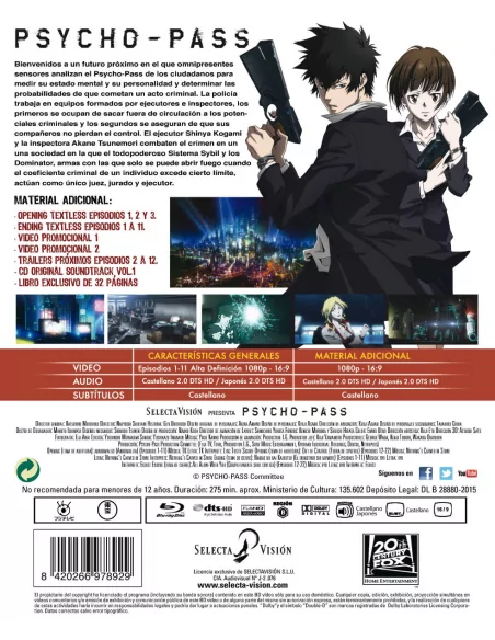 Psycho-pass - Primera Temporada Parte 1: Episodios 1 A 11 - 2 Blu-ray + Extras + Cd Bso + Libro
